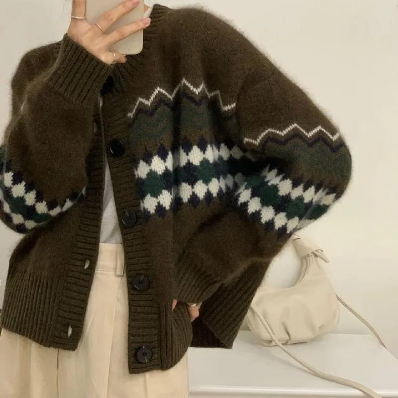 Loose O-neck Office Lady Cardigan Coffee / S