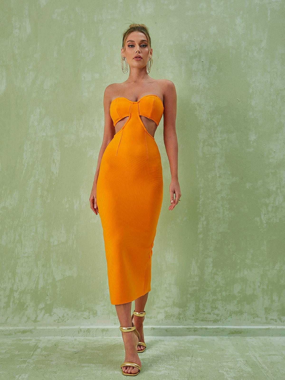 Strapless Sweetheart Cutout Bandage Bodycon Midi Dress