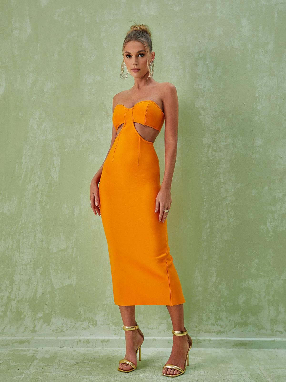 Strapless Sweetheart Cutout Bandage Bodycon Midi Dress