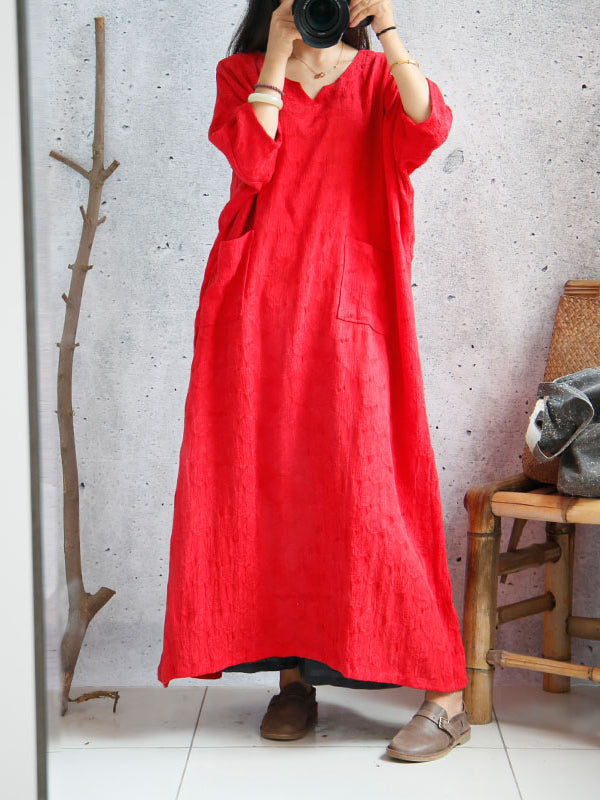 V-Neck Long Sleeve Patch Pocket Linen Loose Maxi Dress