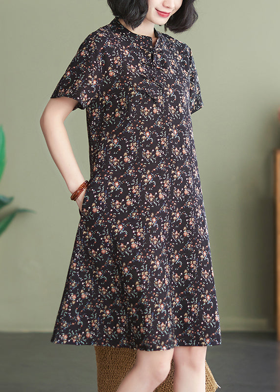 Slim Fit Coffee Stand Collar Print A Line Dresses Short Sleeve