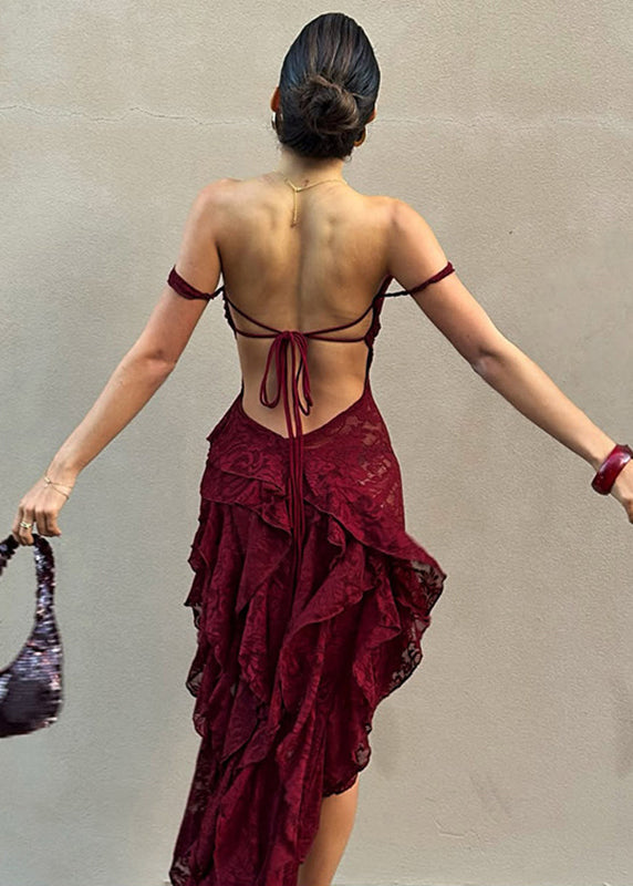 Slim Fit Mulberry Cold Shoulder Asymmetrical Maxi Dresses Summer