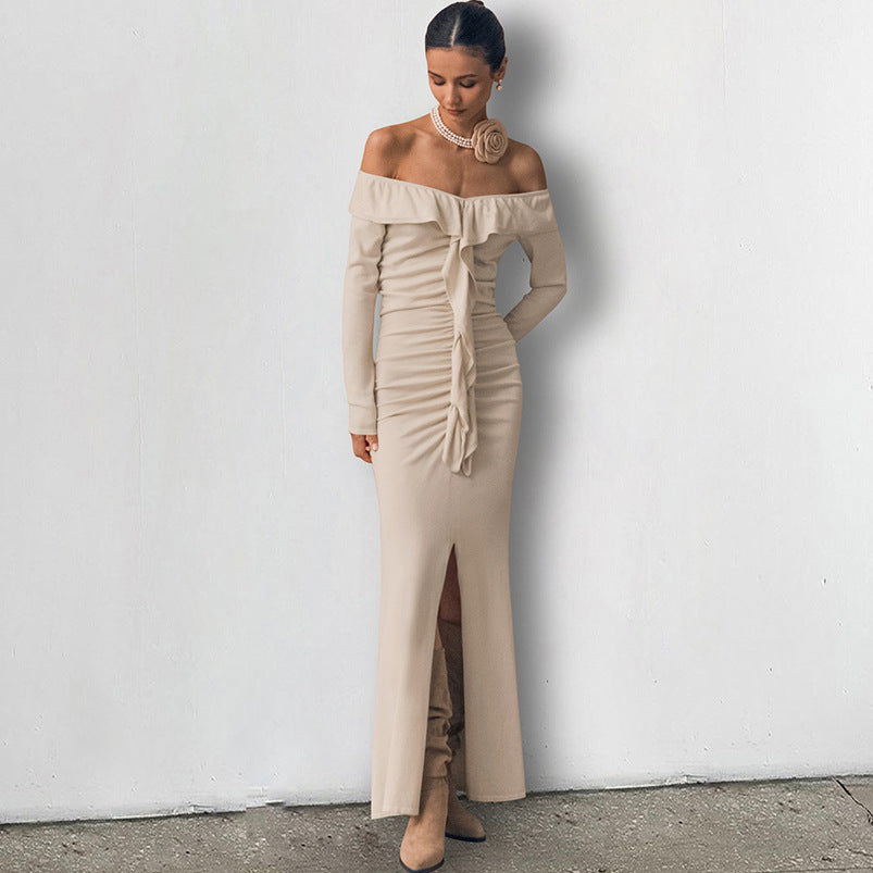 Slim Fit Ruffled Dress High Sense Khaki off Neck Tube Top Split Fishtail