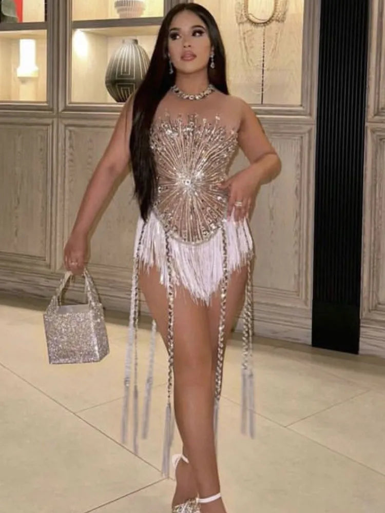 Tassel Silver Sequins Sleeveless Party Dress
