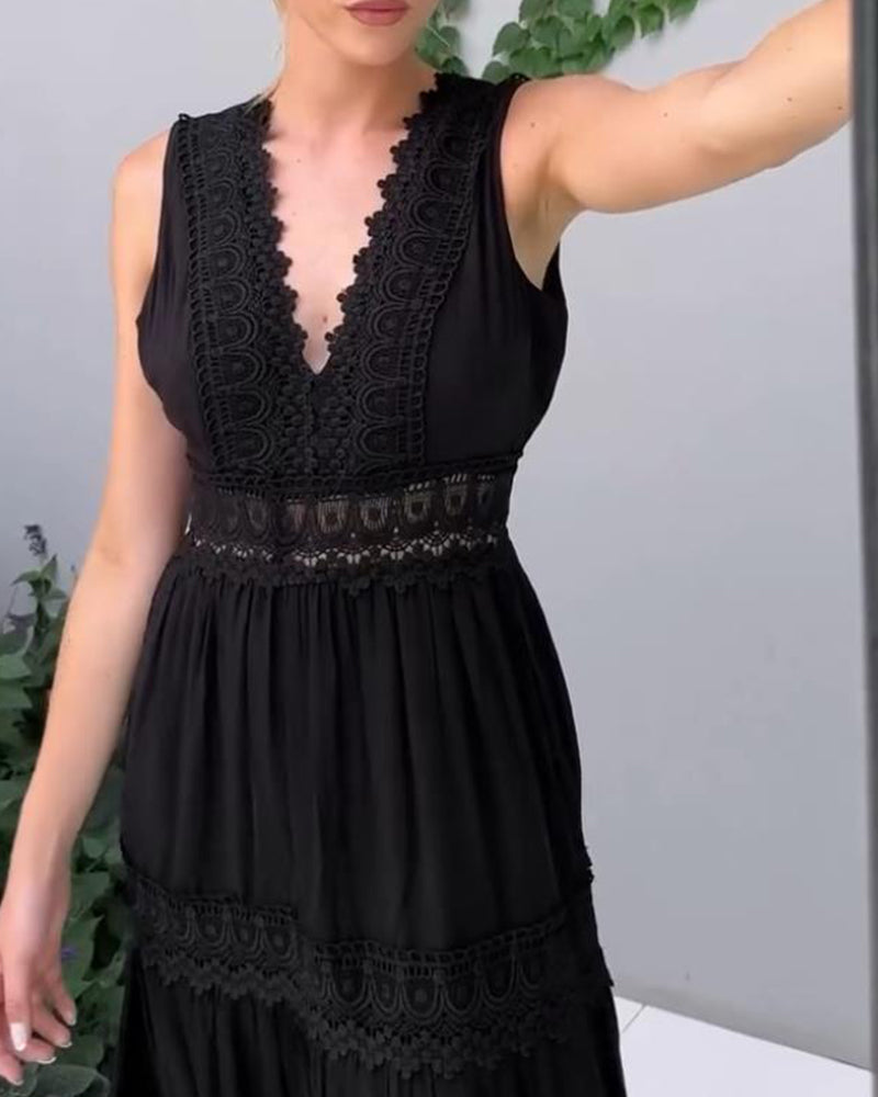 V-Neck Sleeveless Crochet Lace Trim Tiered A-Line Midi Dress 7