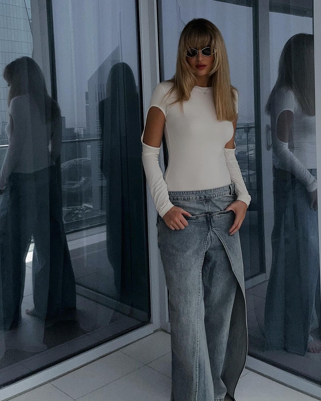 Fake two-piece high-end hot girl denim skirt