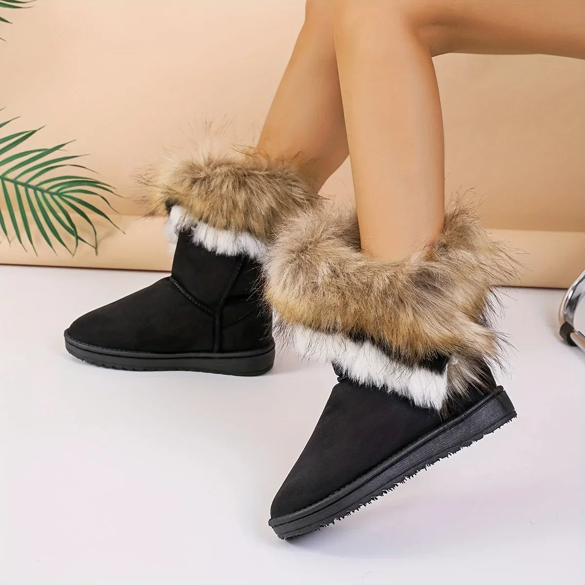 Faux Fur MidCalf Thermal Plush Lined Flat Outdoor Snow Boot