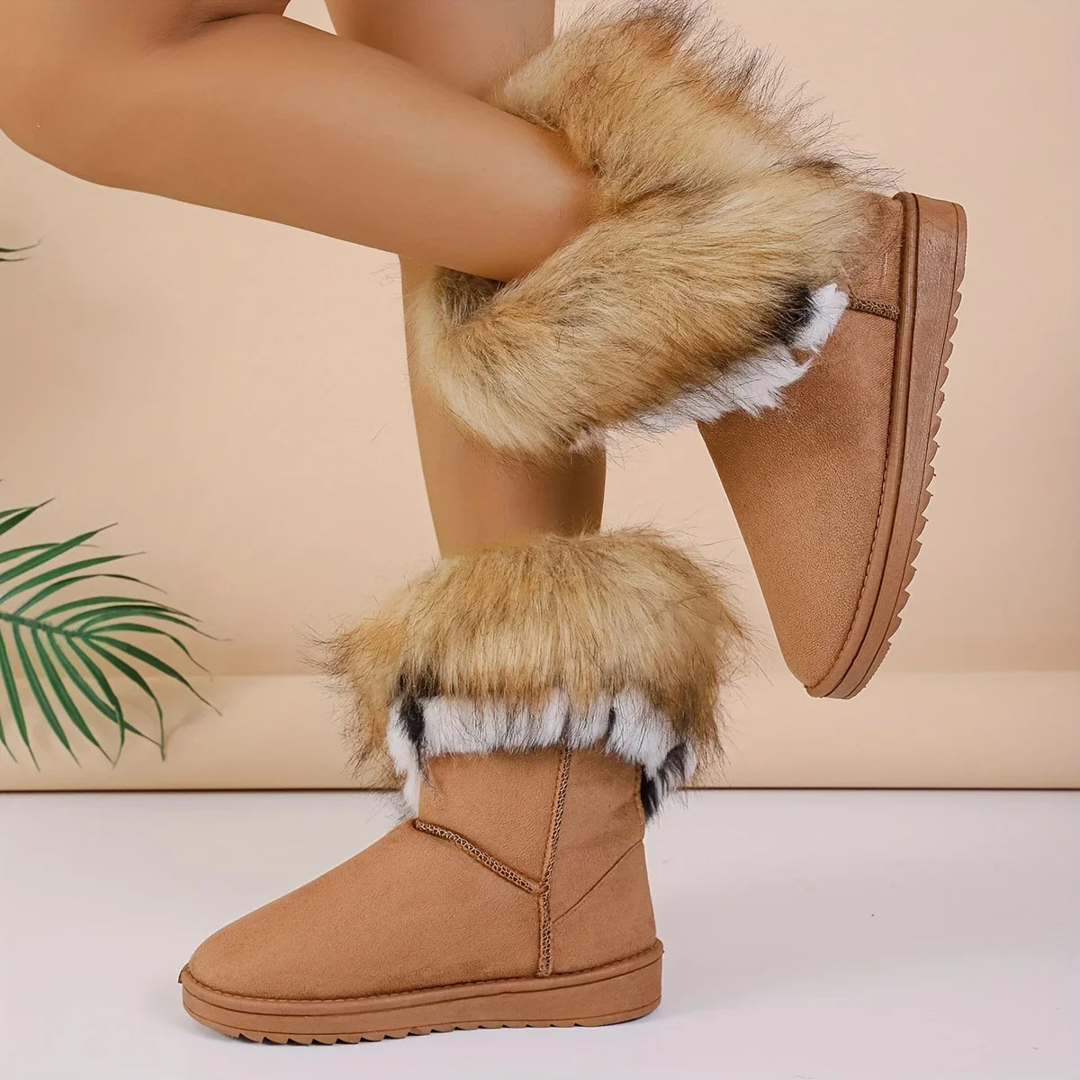 Faux Fur MidCalf Thermal Plush Lined Flat Outdoor Snow Boot