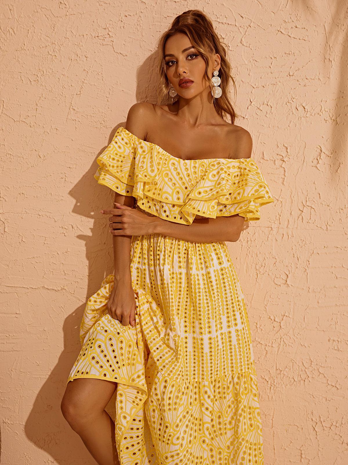 Off-Shoulder Ruffle Eyelet Smocked Waist Tiered A-Line Maxi Dress