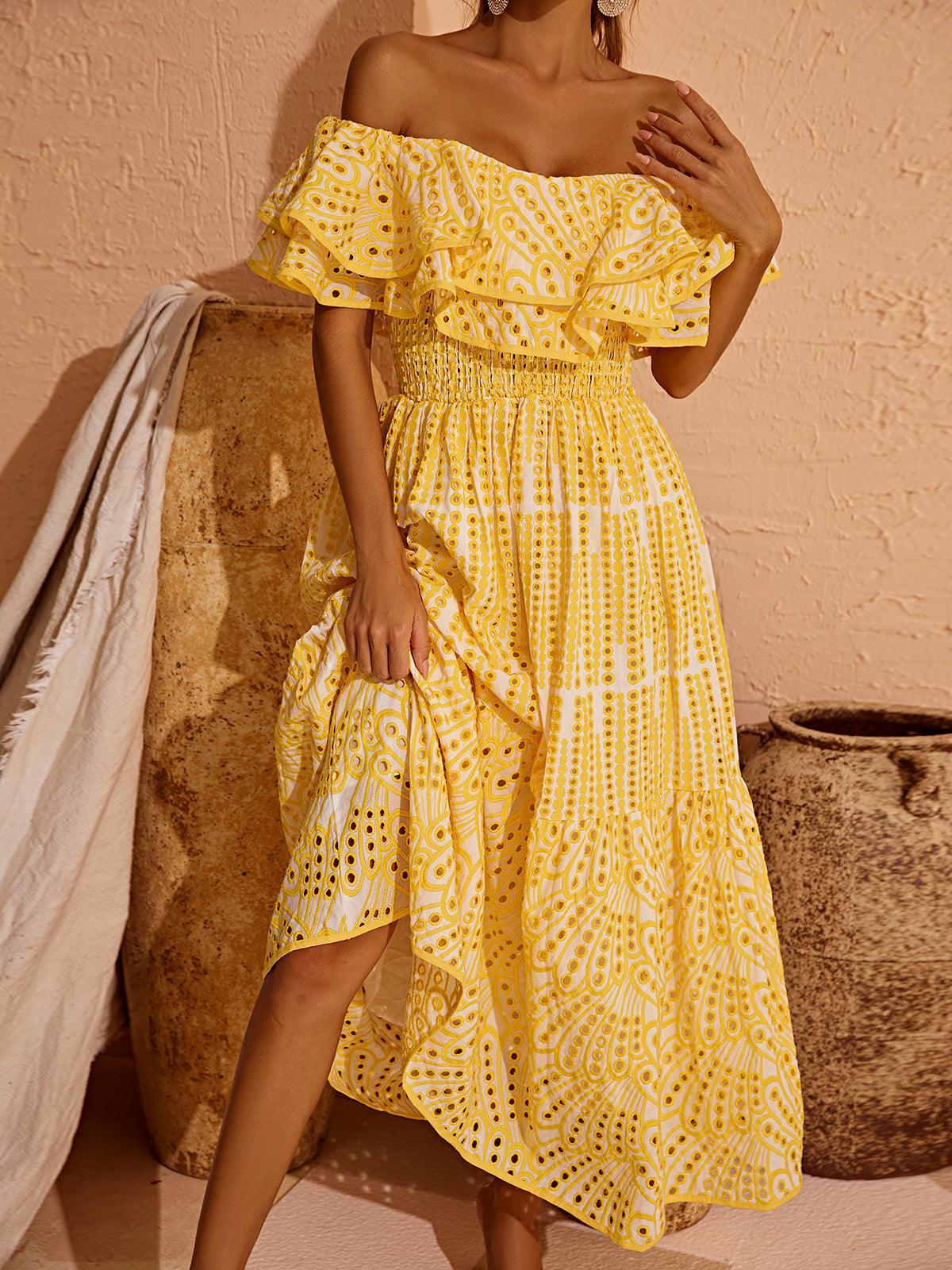 Soleil Off Shoulder Hollow Maxi Dress In Yellow