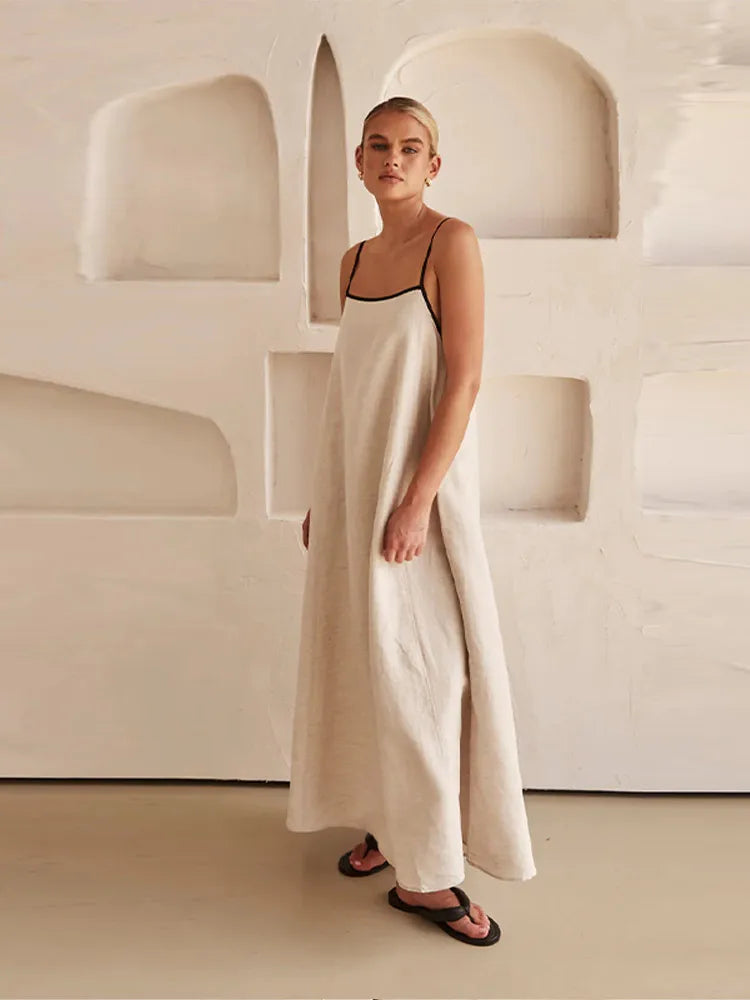 Débora Elegant Linen-cotton Dress with Open Back for Women