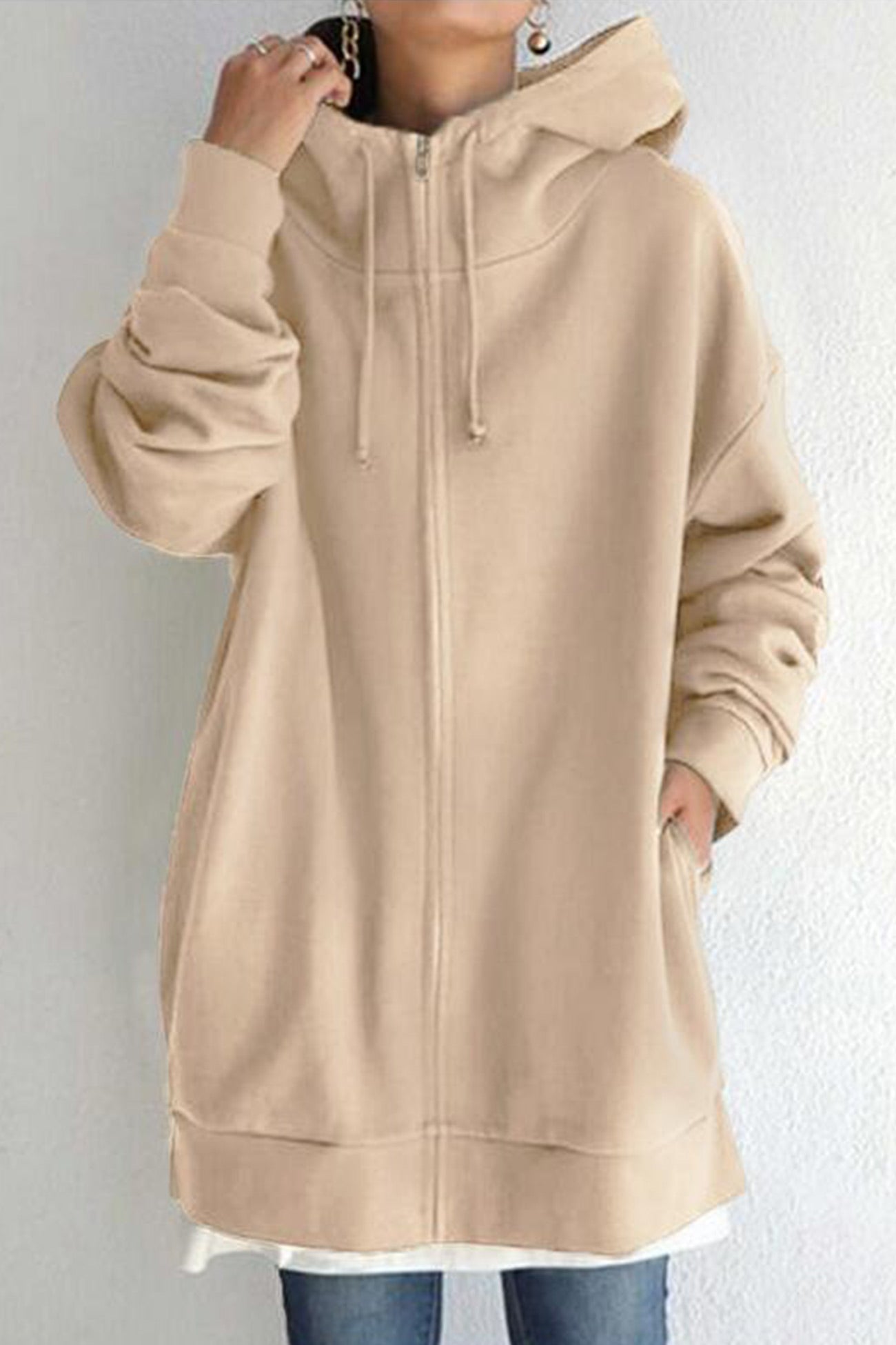 Color Hoodie Zipper Solid - Mid-Length Khaki / S Sweatshirts & Hoodies-L