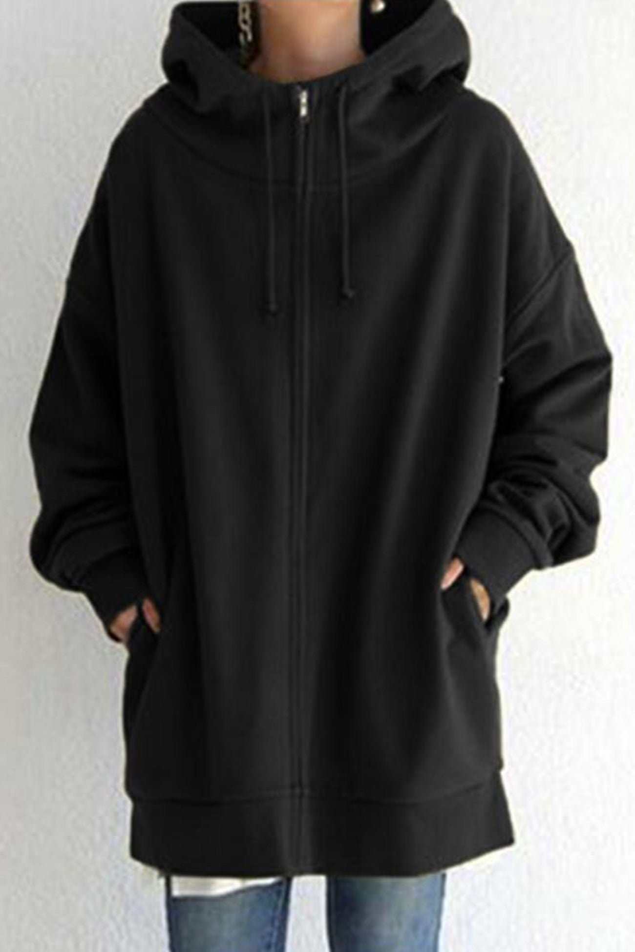 Color Hoodie Zipper Solid - Mid-Length Black / S Sweatshirts & Hoodies-L