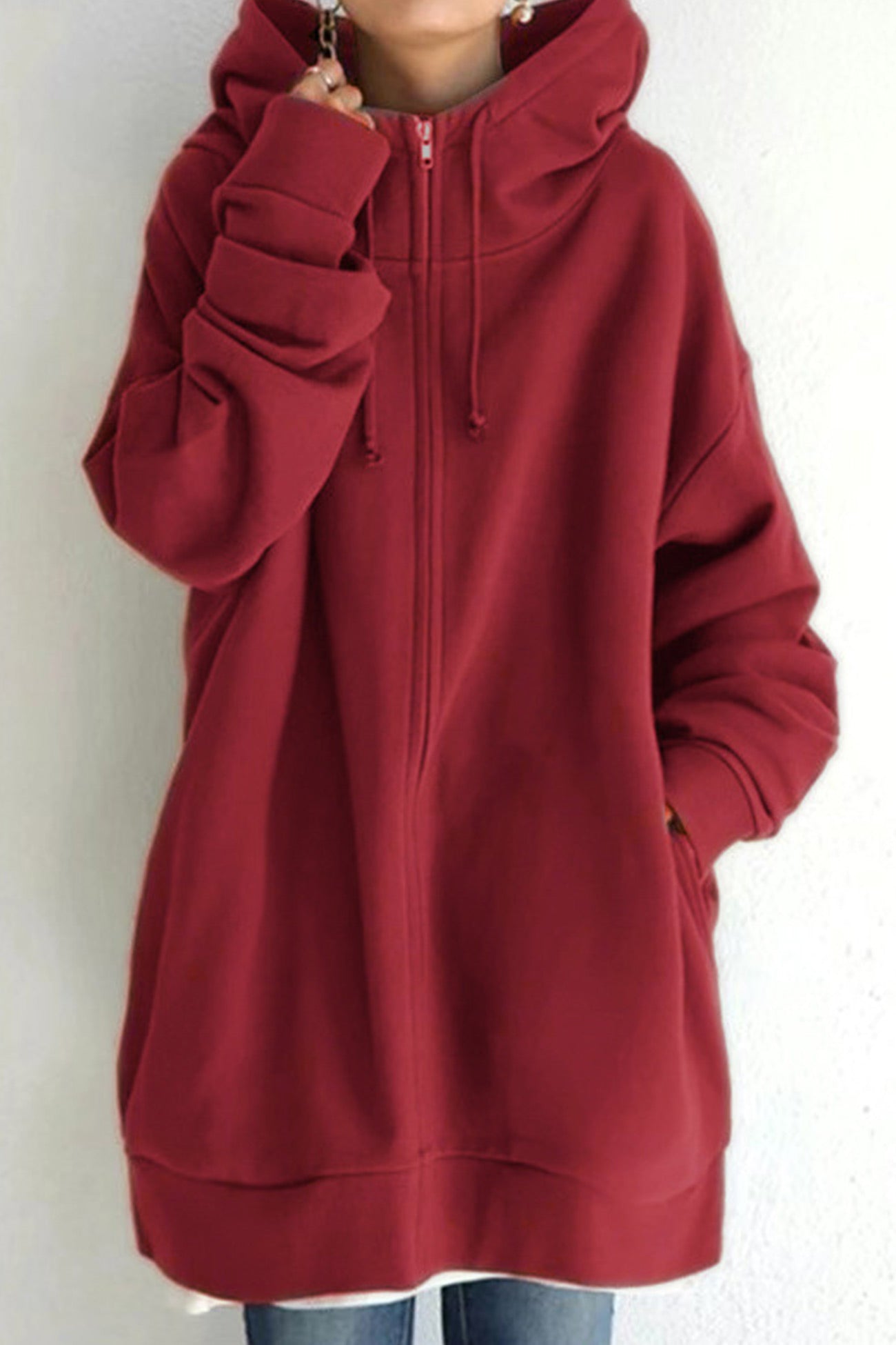 Color Hoodie Zipper Solid - Mid-Length Red / S Sweatshirts & Hoodies-L