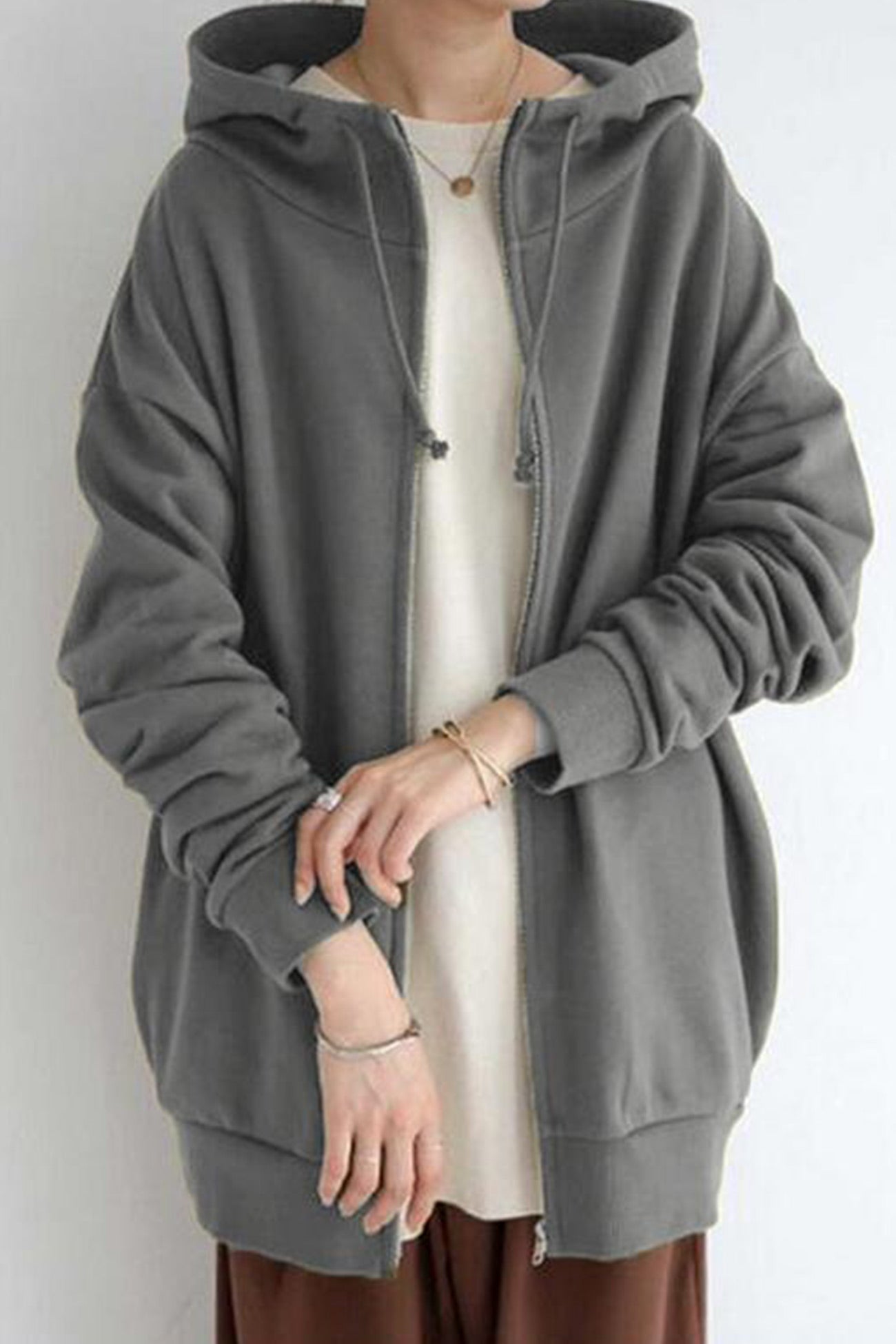Color Hoodie Zipper Solid - Mid-Length Grey / S Sweatshirts & Hoodies-L