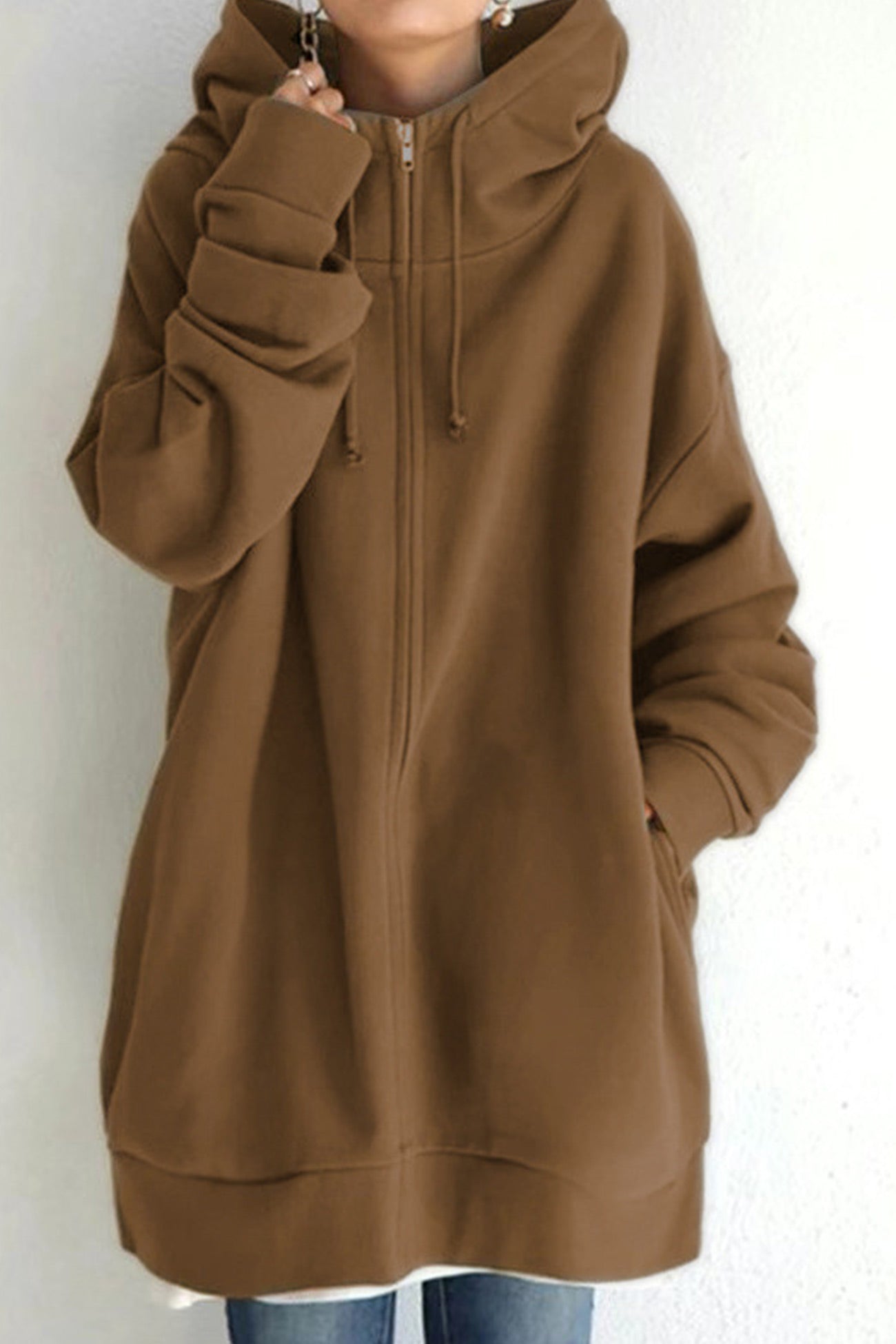 Color Hoodie Zipper Solid - Mid-Length Coffee / S Sweatshirts & Hoodies-L