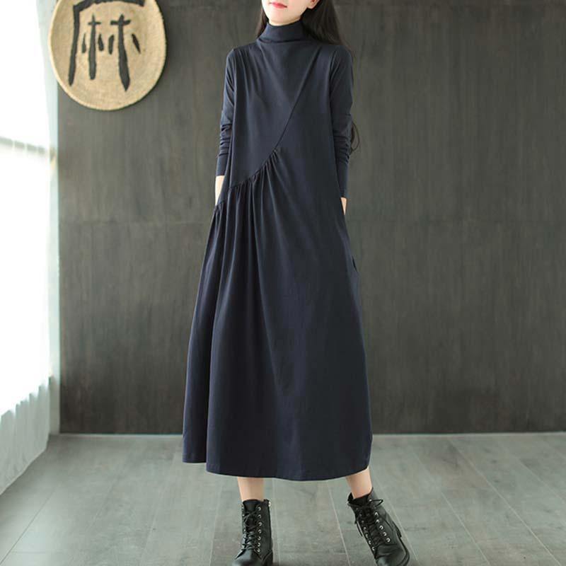 Plus Size Solid Draped High Neck Casual Dress