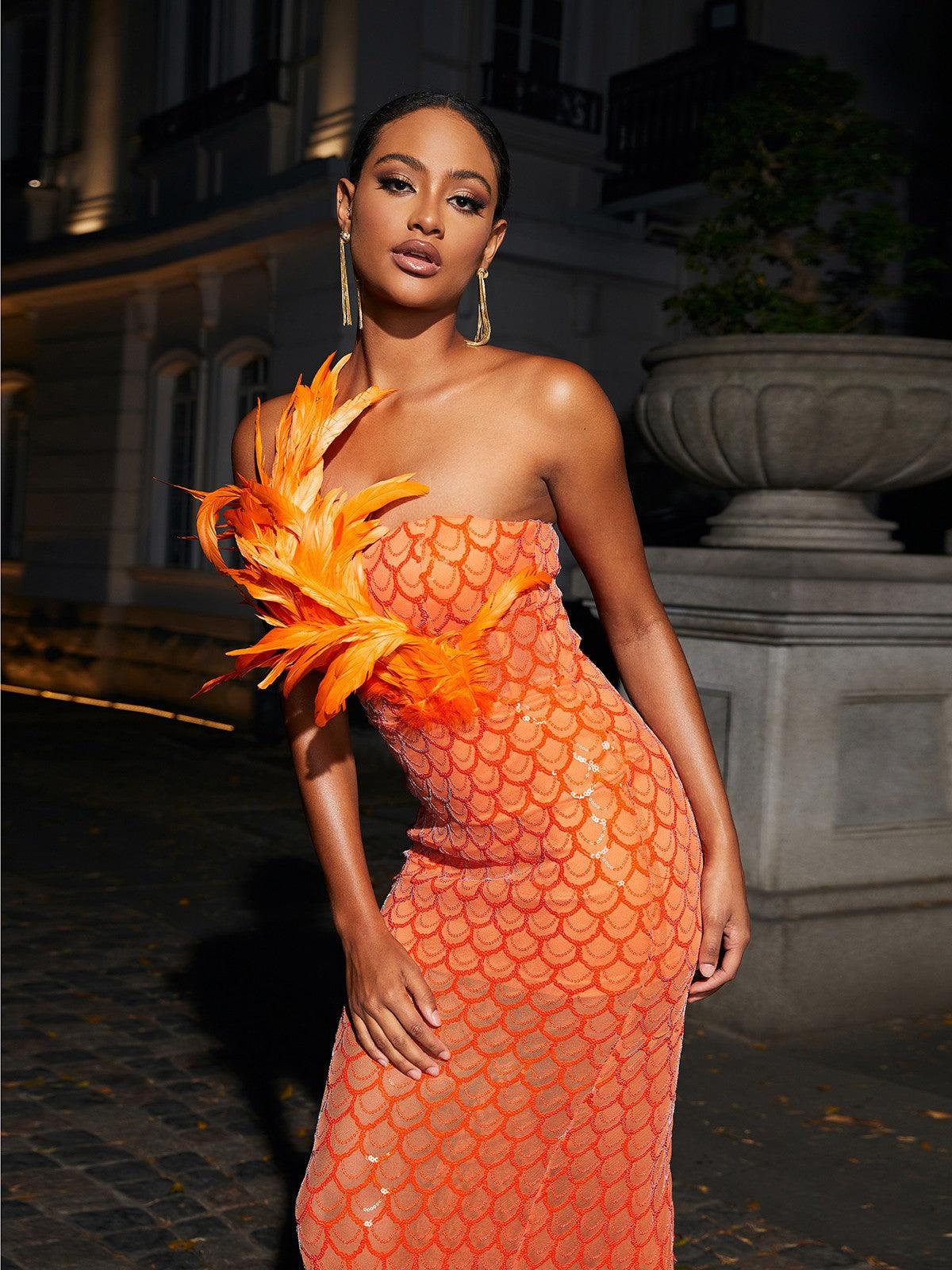 Strapless Feather Trim Sequin Mermaid Maxi Gown 3