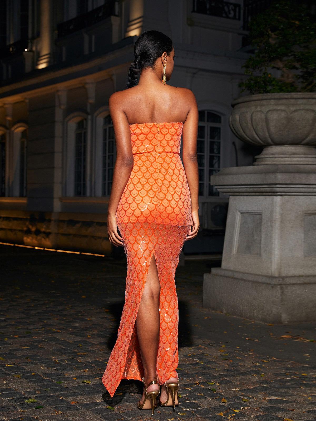 Strapless Feather Trim Sequin Mermaid Maxi Gown 5