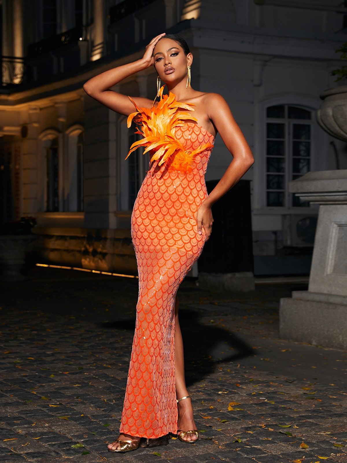 Strapless Feather Trim Sequin Mermaid Maxi Gown 4