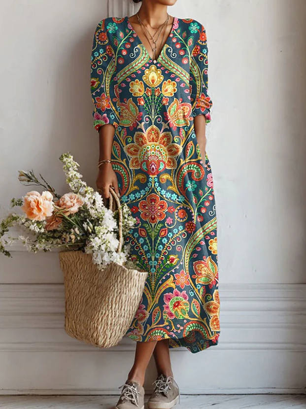 Dress V-Neck Bohemian Paisley Floral Print Loose Shift Midi Dress