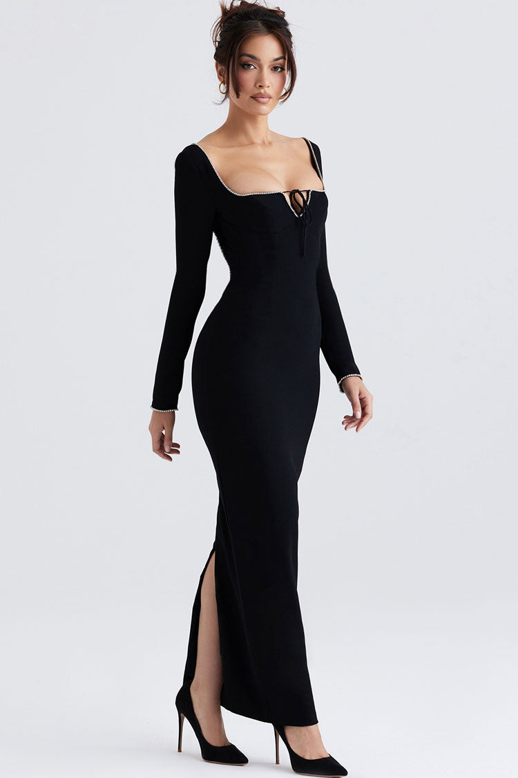 Black Sweetheart Neck Long Sleeve Rhinestone Trim Keyhole Bodycon Maxi Dress
