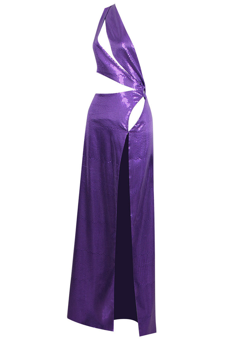 Purple Halter Plunge Sequin O-Ring Cutout High Slit Maxi Gown