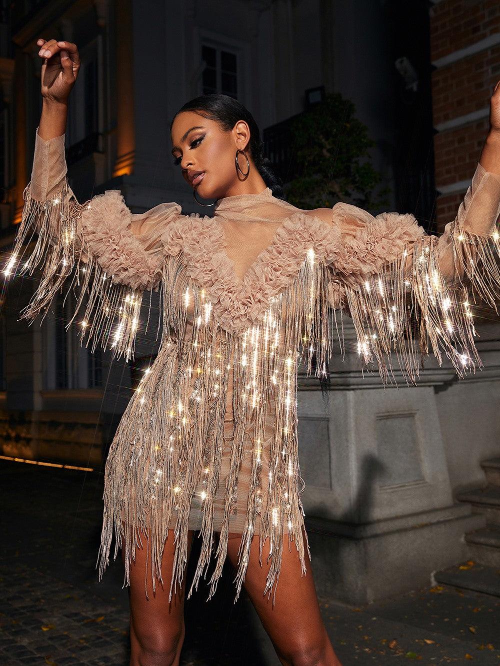 High Neck Ruffle Sequin Fringe Long Sleeve Mesh Mini Dress