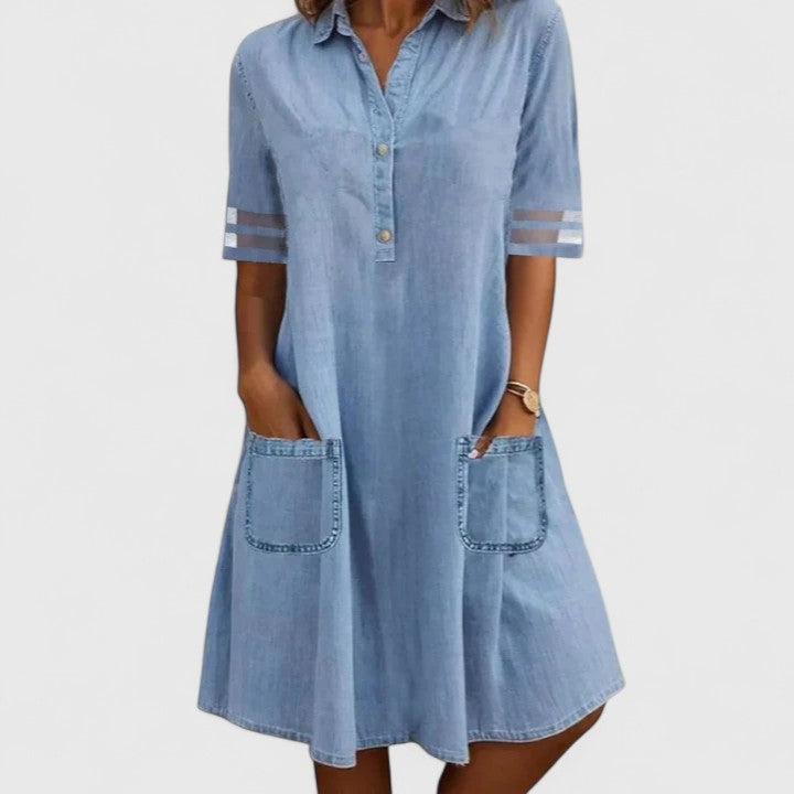Blue Collared Button Placket Denim Patch Pocket Shift Mini Dress