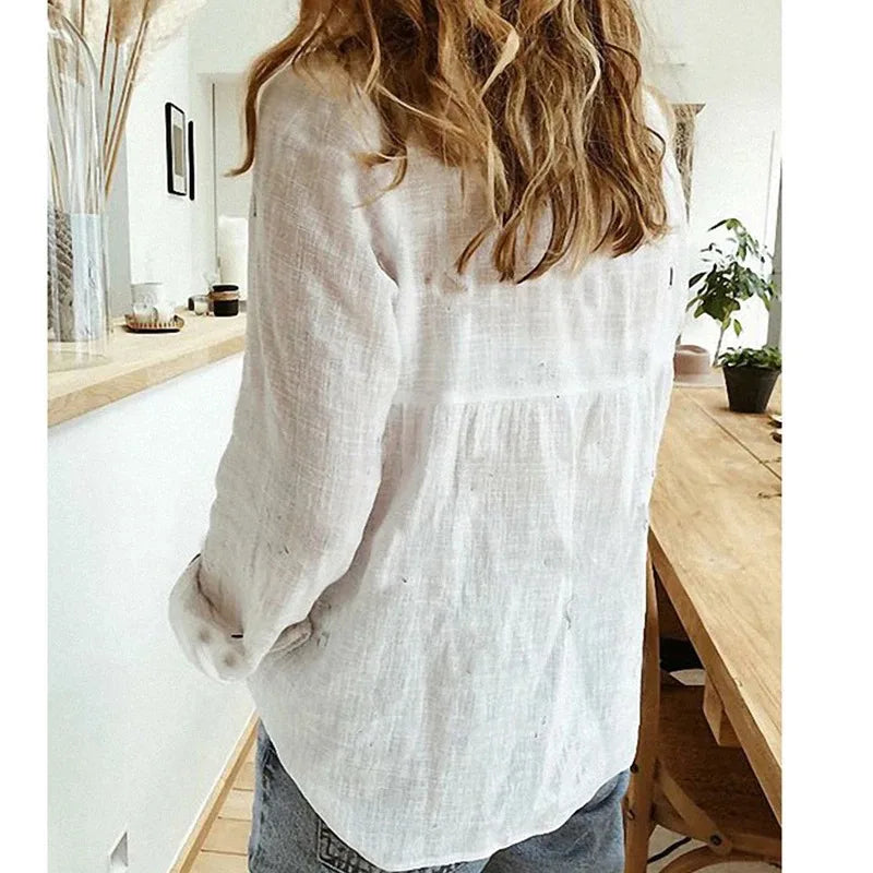 Cotton Linen Button-up Blue Office Blouse