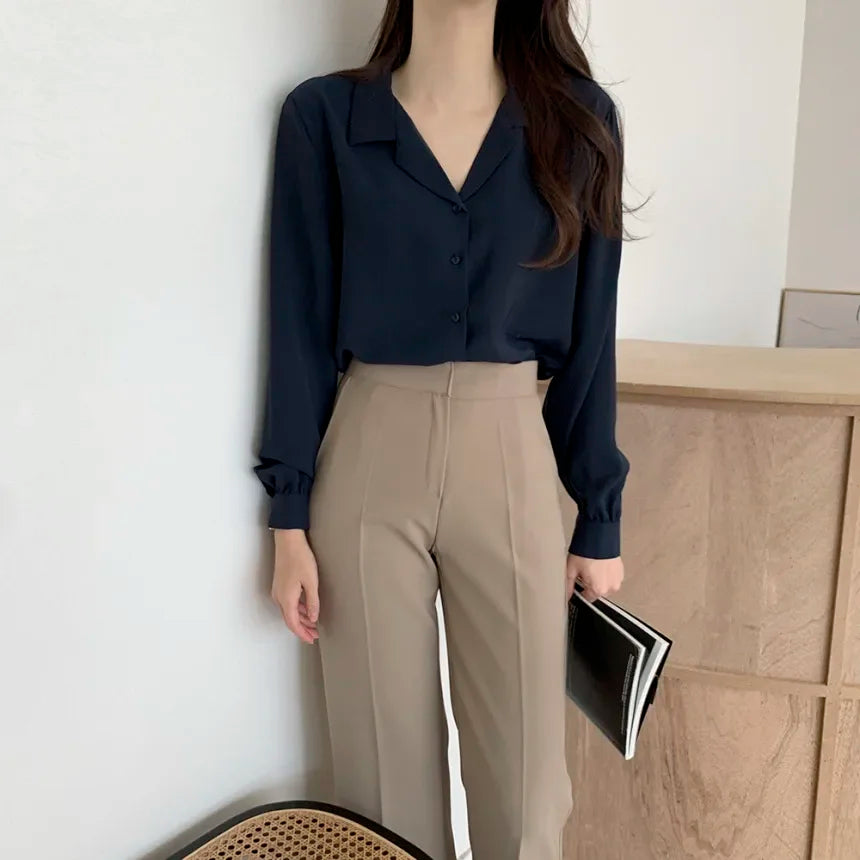 Chic Lantern Sleeve Suit Collar Loose Office Shirt