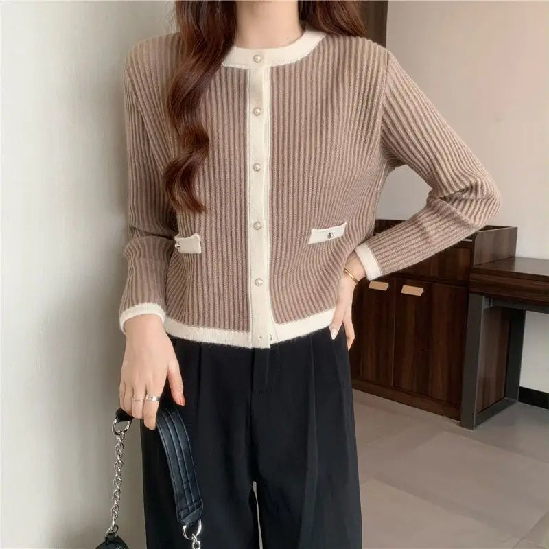 Round Neck Button Fashion Cardigan Khaki / S