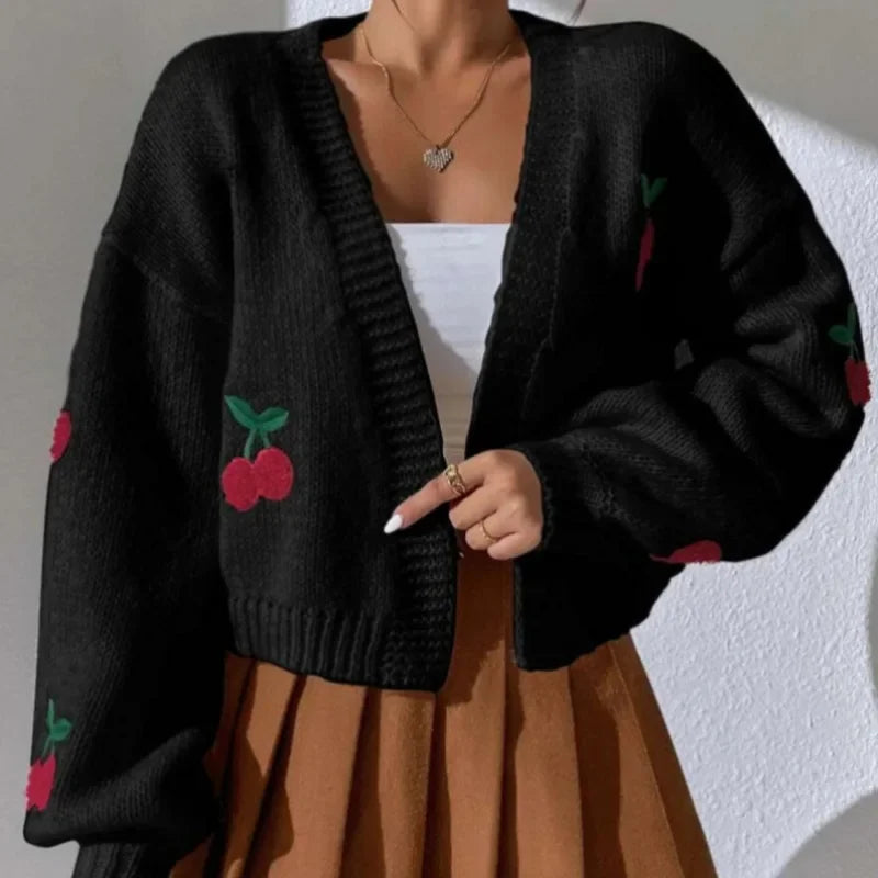 Cherry Embroidery Loose Long Sleeve Casual Knit Cardigan black cherry / S cardiagn-250126