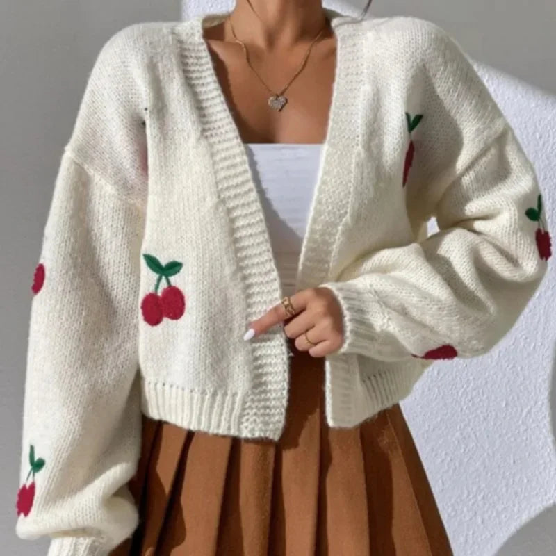 Cherry Embroidery Loose Long Sleeve Casual Knit Cardigan