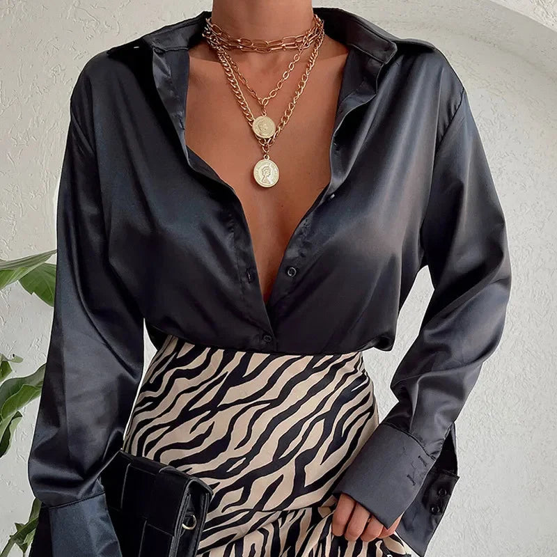 Satin Long Sleeve Vintage Blue Blouse