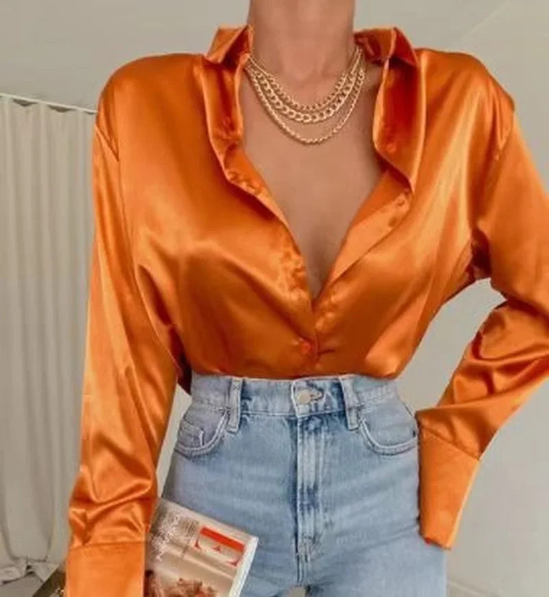 Satin Long Sleeve Vintage Blue Blouse Orange / S blouse-250223
