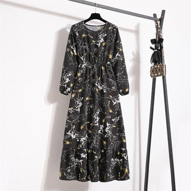 Spring Maxi Casual Full Floral Printed Oneck Woman Bohe Party Midi Dresses