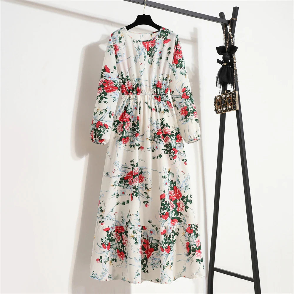 Spring Maxi Casual Full Floral Printed Oneck Woman Bohe Party Midi Dresses