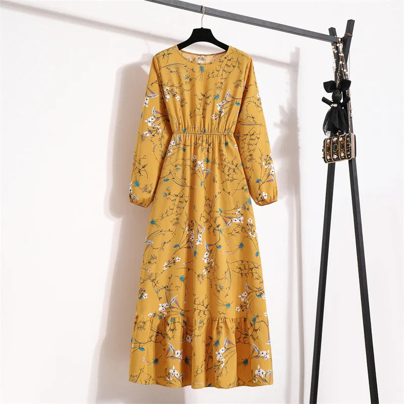 Spring Maxi Casual Full Floral Printed Oneck Woman Bohe Party Midi Dresses