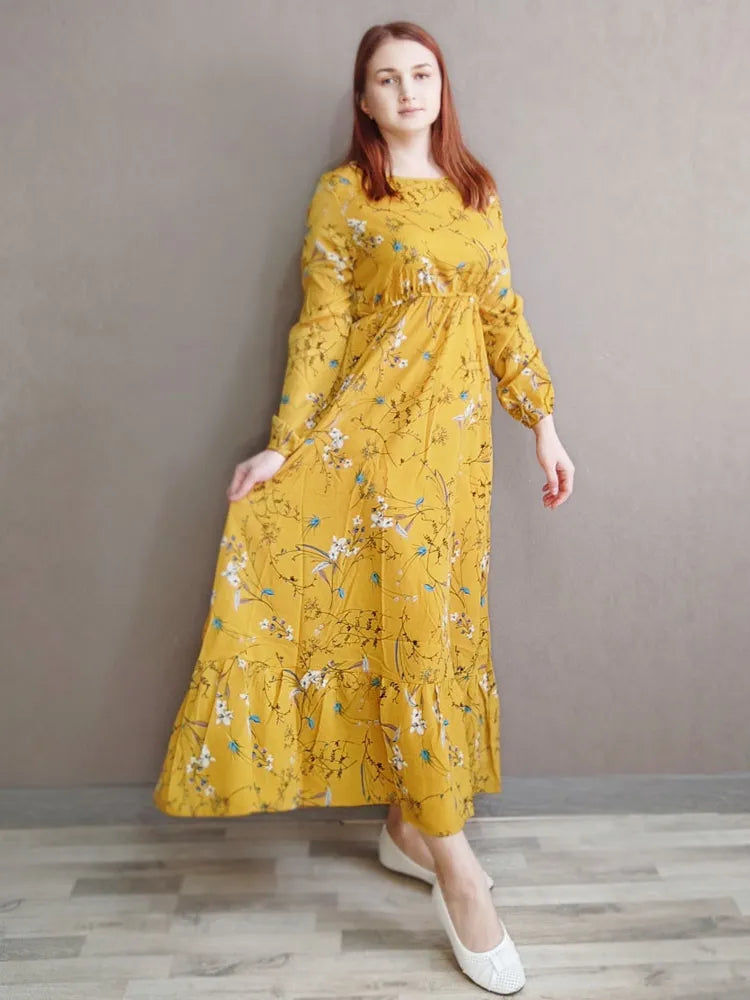 Spring Maxi Casual Full Floral Printed Oneck Woman Bohe Party Midi Dresses