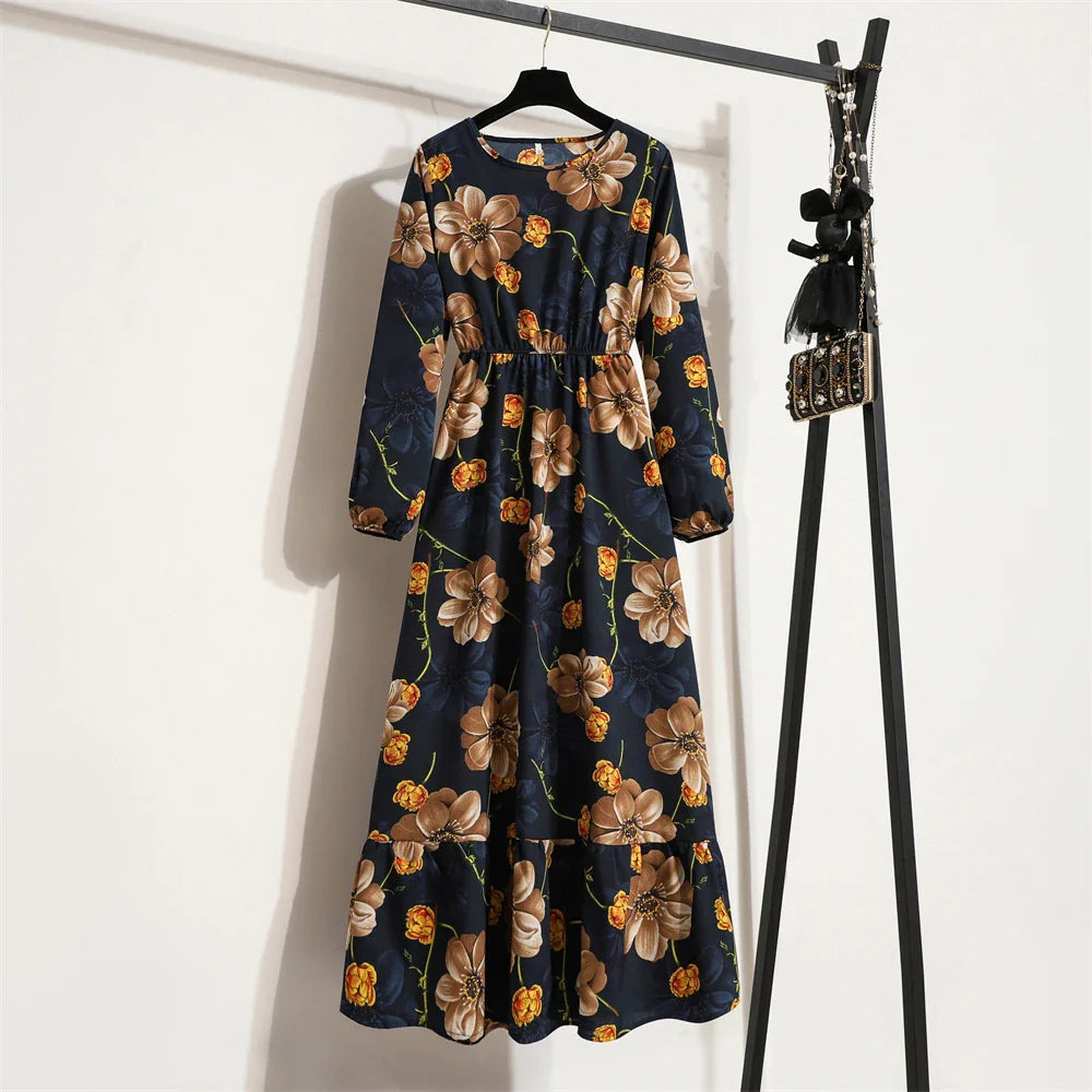Spring Maxi Casual Full Floral Printed Oneck Woman Bohe Party Midi Dresses