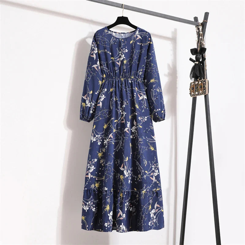 Spring Maxi Casual Full Floral Printed Oneck Woman Bohe Party Midi Dresses
