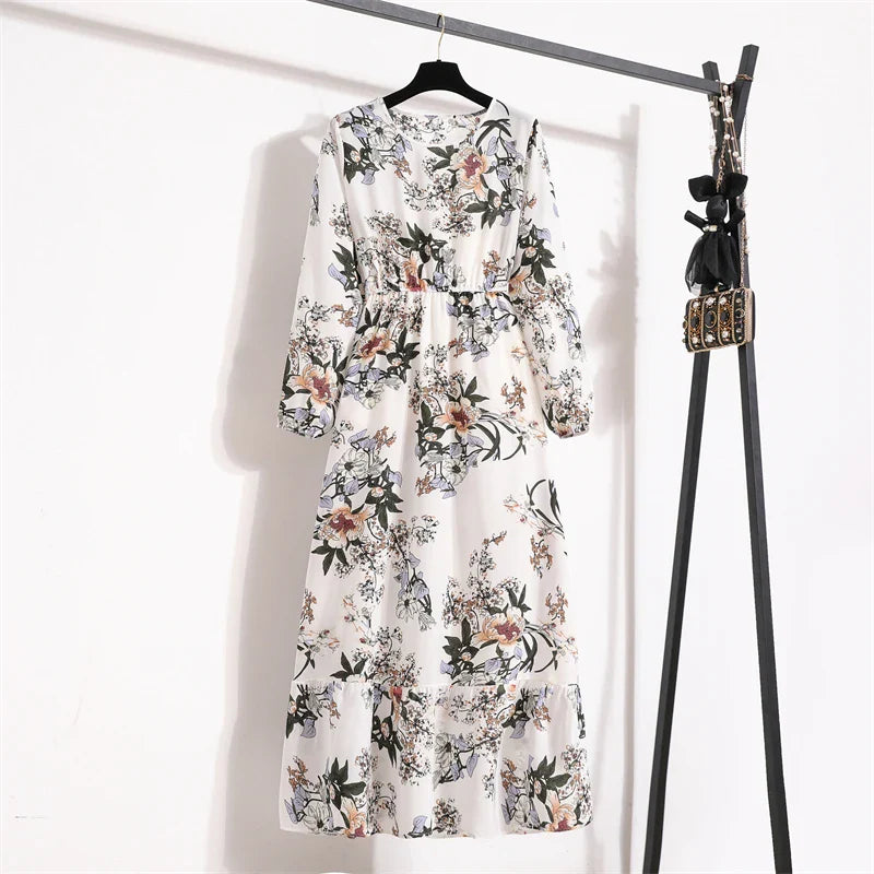 Spring Maxi Casual Full Floral Printed Oneck Woman Bohe Party Midi Dresses