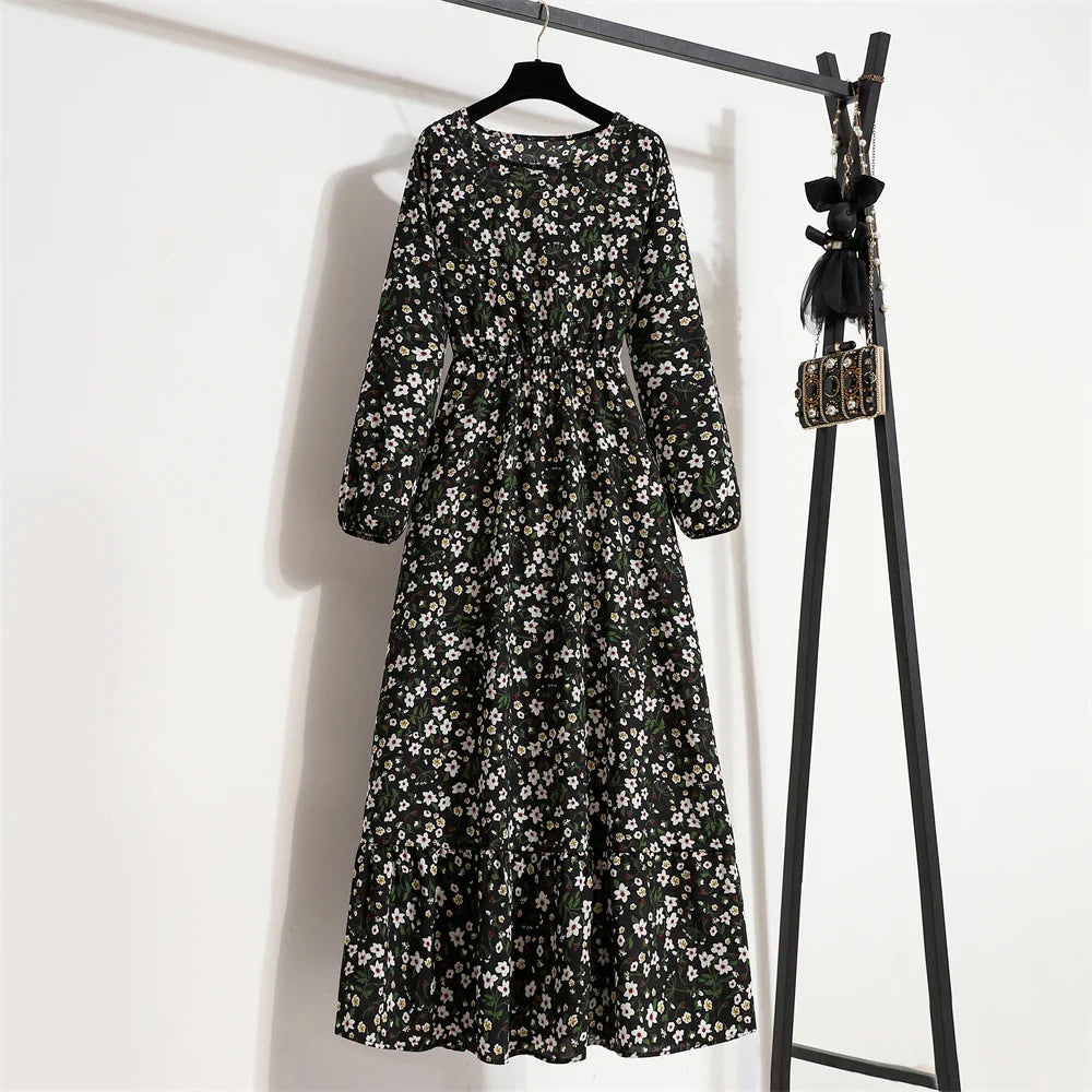 Spring Maxi Casual Full Floral Printed Oneck Woman Bohe Party Midi Dresses