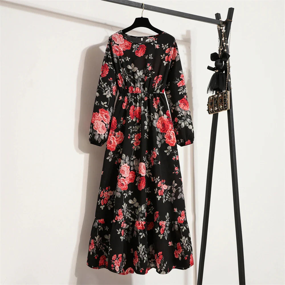 Spring Maxi Casual Full Floral Printed Oneck Woman Bohe Party Midi Dresses