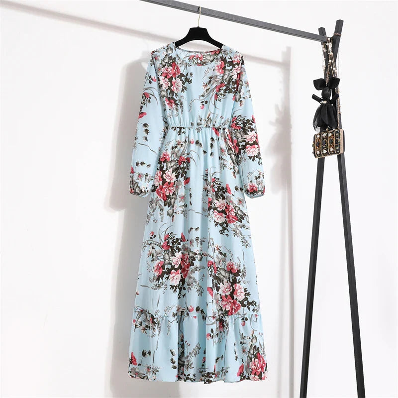 Spring Maxi Casual Full Floral Printed Oneck Woman Bohe Party Midi Dresses