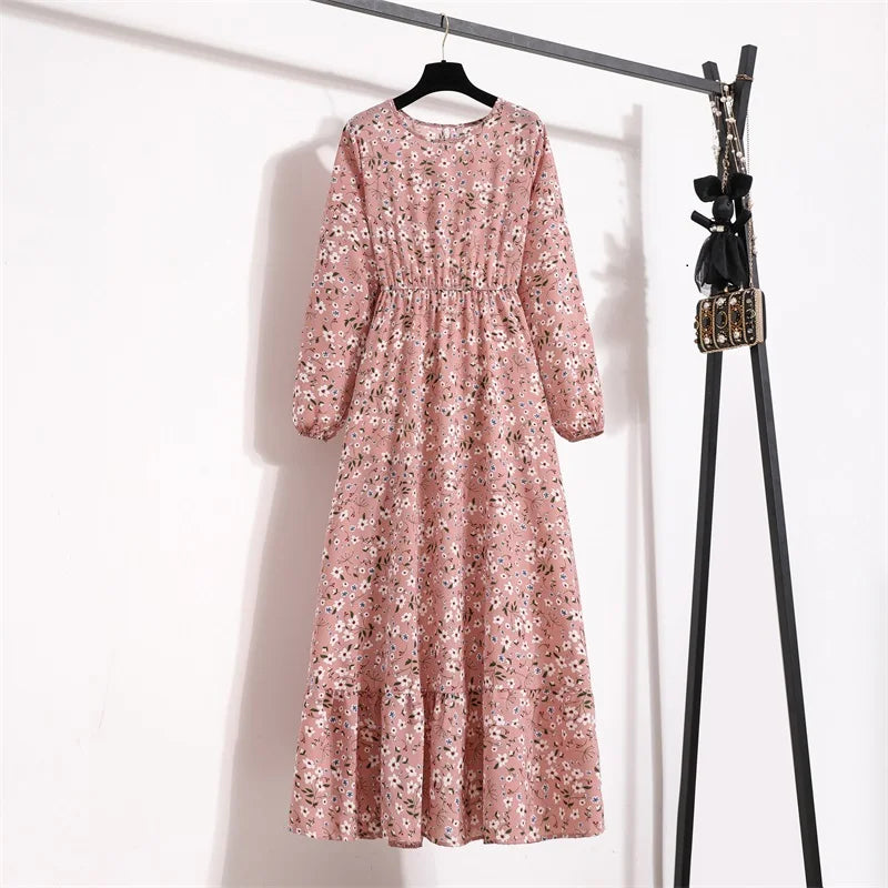 Spring Maxi Casual Full Floral Printed Oneck Woman Bohe Party Midi Dresses