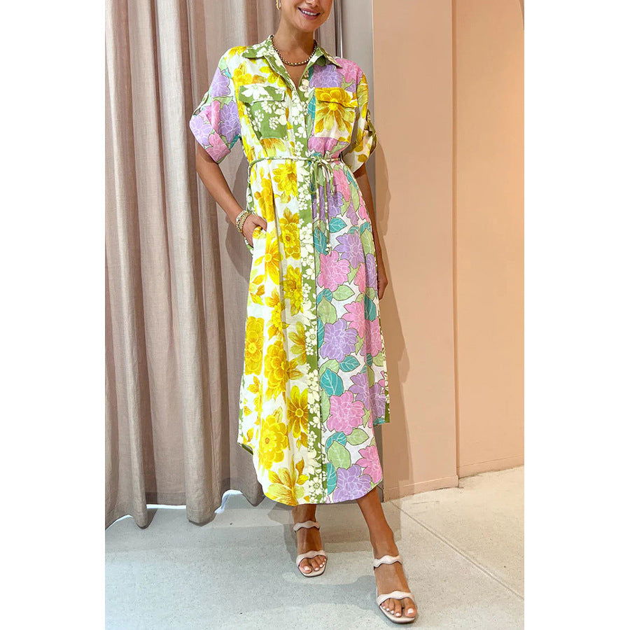 Loose Vacation Dress Casual Short Sleeve Lace up Pocket Dress