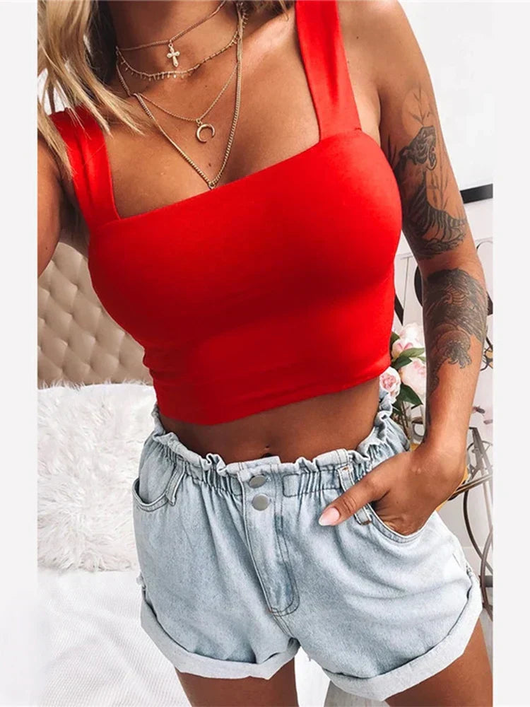 Square Neck Sleeveless Summer Crop Women Black Casual Basic T Shirt Off Shoulder Cami Sexy Backless Tank top