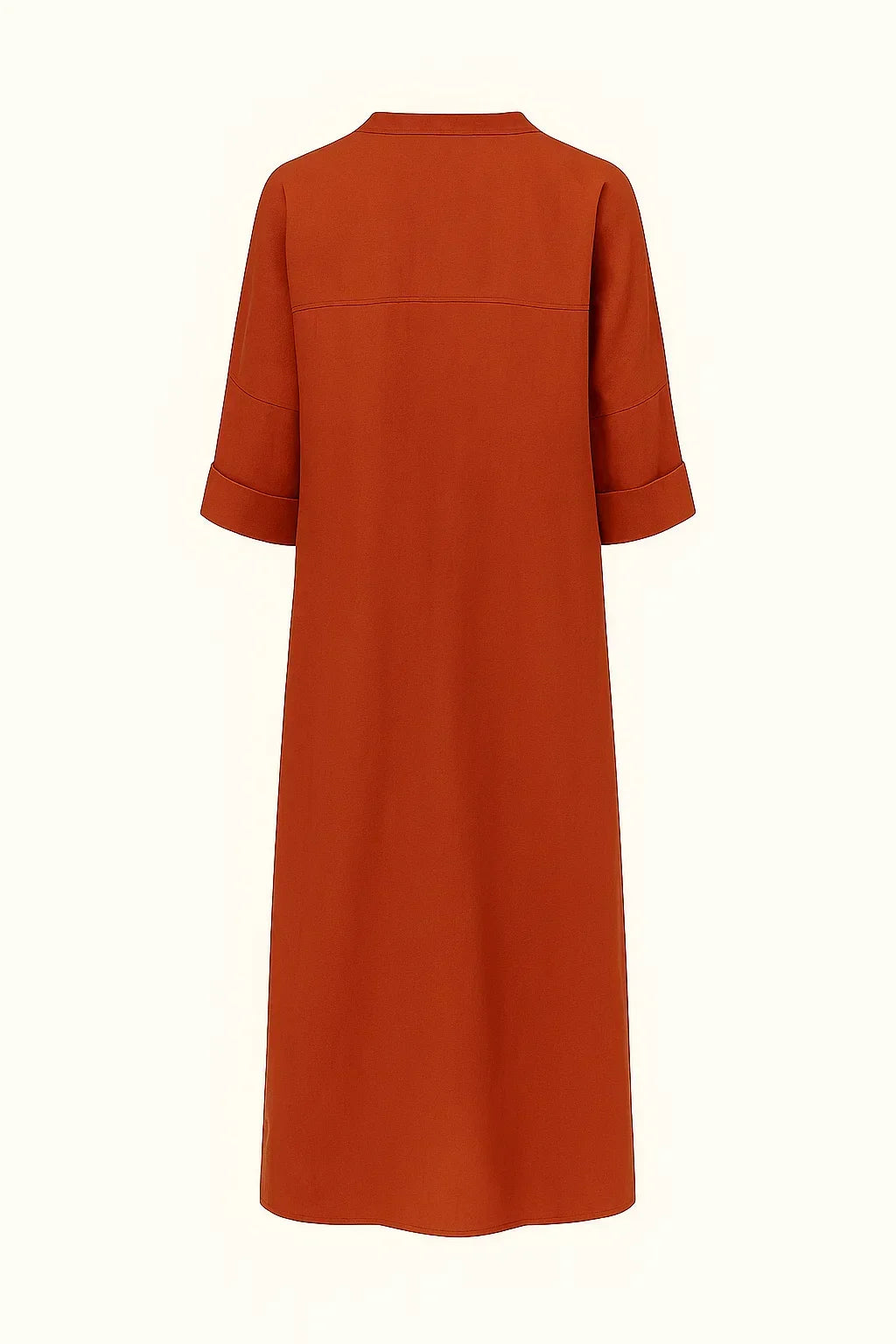 Notched V-Neck Linen Rolled Sleeve Side Slit Shift Maxi Dress 3